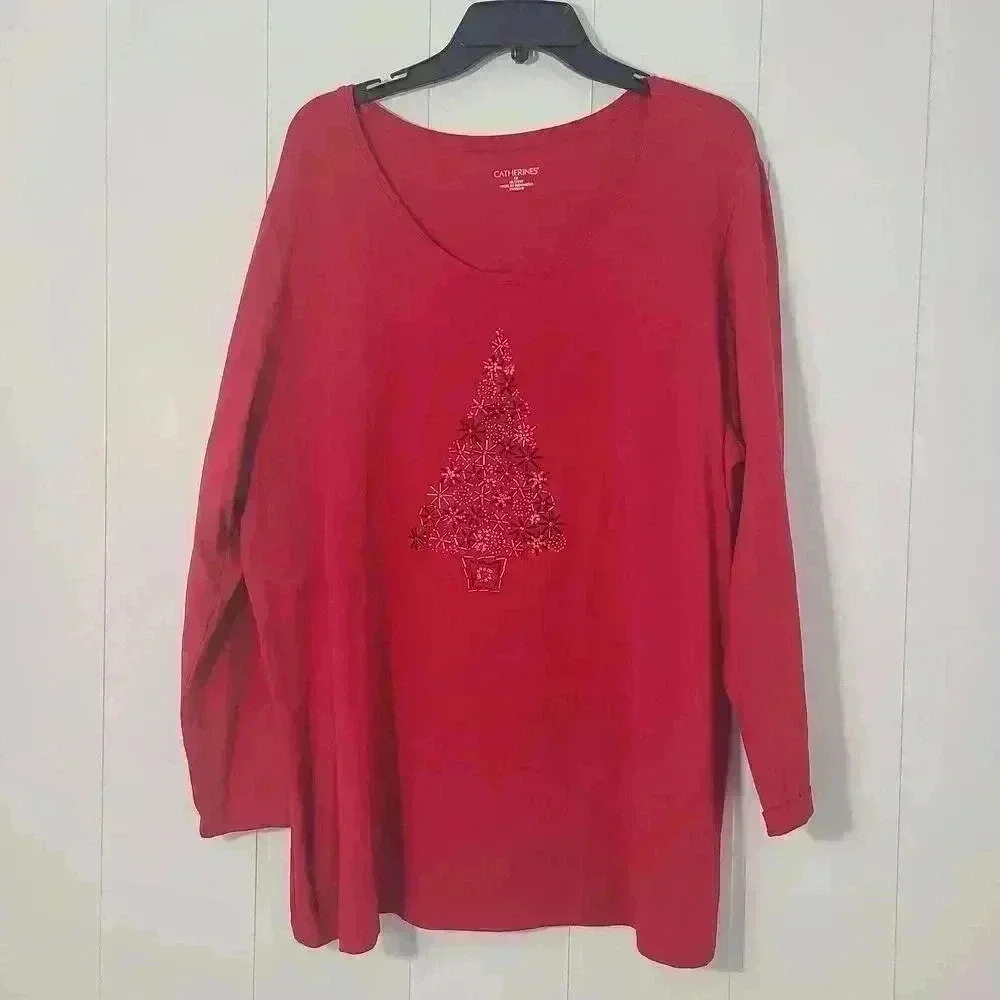 Catherines Beaded Christmas Tree Top Pullover Knit Red Holiday Size 1X